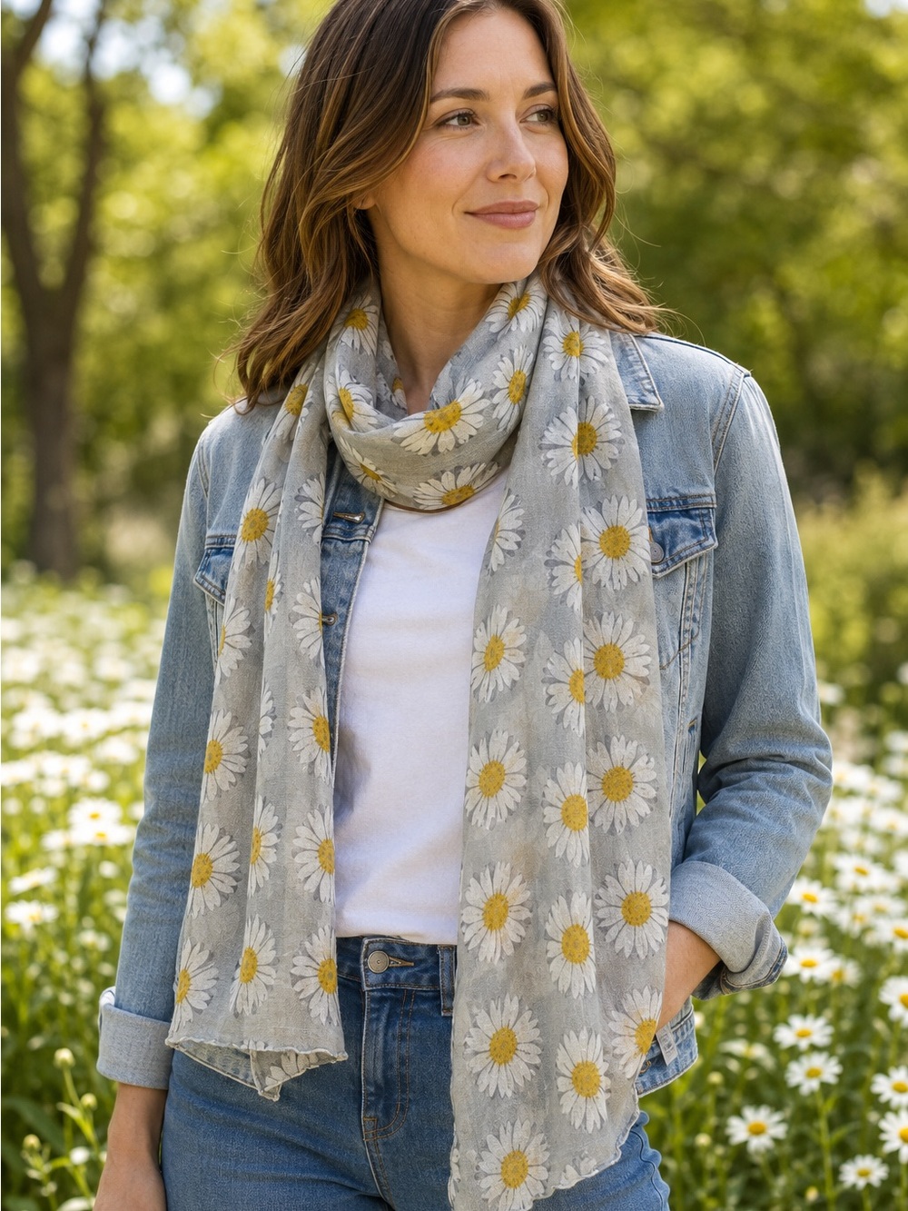 Expressions Gray Daisy Floral Lightweight Oblong Scarf